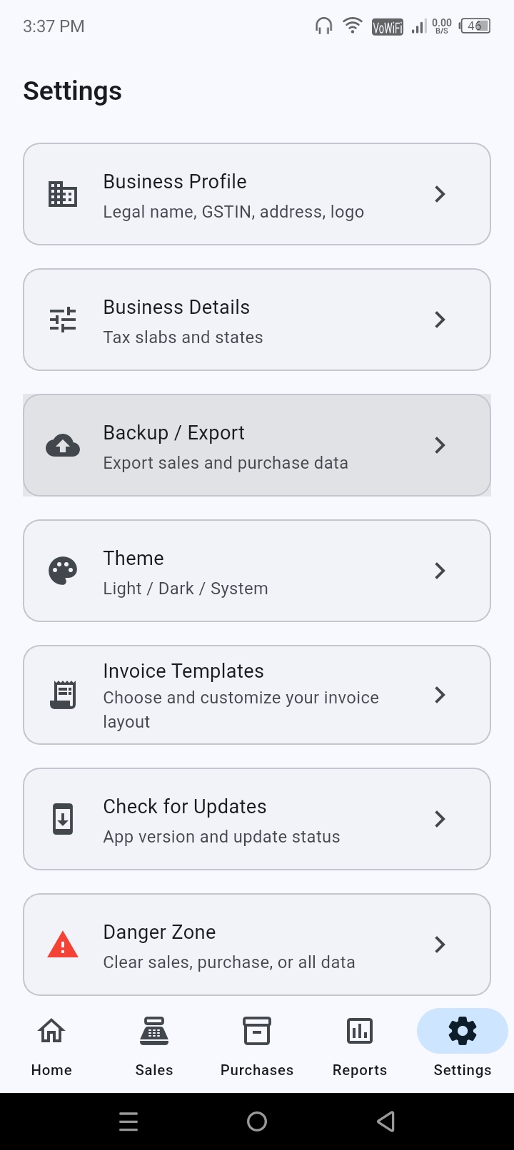 SahajBook report/export view for GST-oriented business reporting.